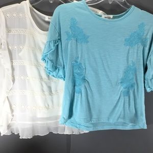 Lot of 2 girls embroidered tops teal and cream